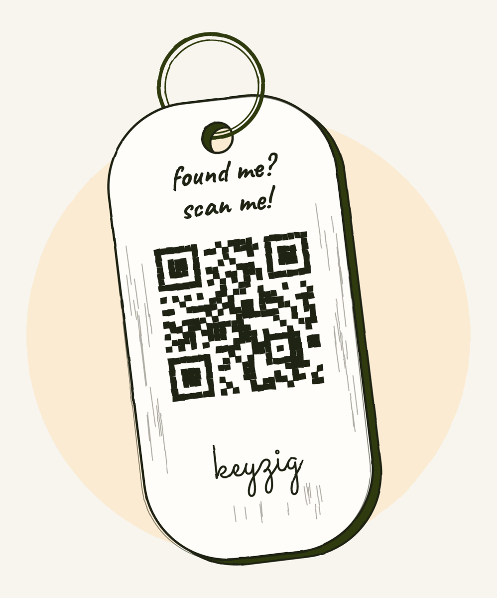 Croquis du porte-clés Keyzig : plaque en acier gravée d'un QR code