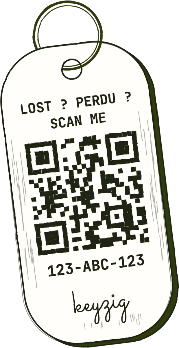 Croquis du porte-clés Keyzig : plaque gravée d'un QR code